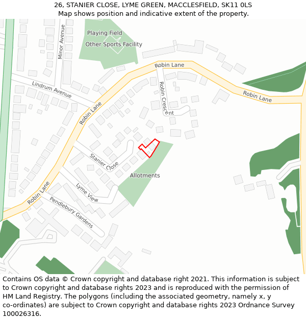 26, STANIER CLOSE, LYME GREEN, MACCLESFIELD, SK11 0LS: Location map and indicative extent of plot