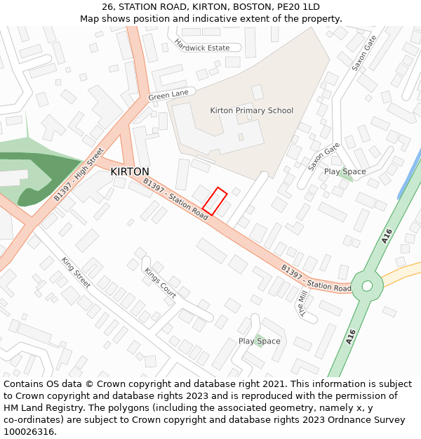 26, STATION ROAD, KIRTON, BOSTON, PE20 1LD: Location map and indicative extent of plot