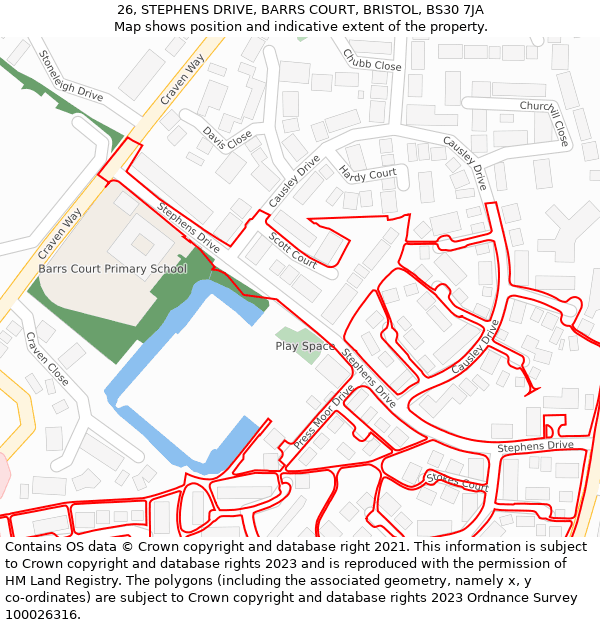 26, STEPHENS DRIVE, BARRS COURT, BRISTOL, BS30 7JA: Location map and indicative extent of plot