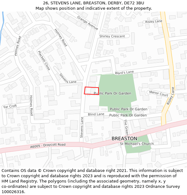 26, STEVENS LANE, BREASTON, DERBY, DE72 3BU: Location map and indicative extent of plot