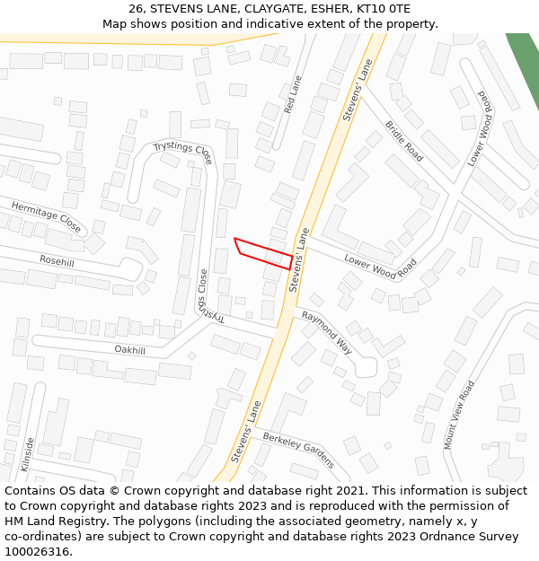 26, STEVENS LANE, CLAYGATE, ESHER, KT10 0TE: Location map and indicative extent of plot