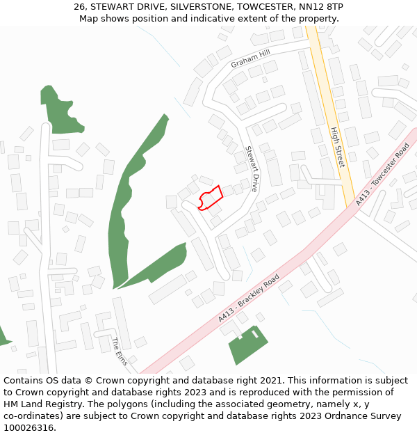26, STEWART DRIVE, SILVERSTONE, TOWCESTER, NN12 8TP: Location map and indicative extent of plot
