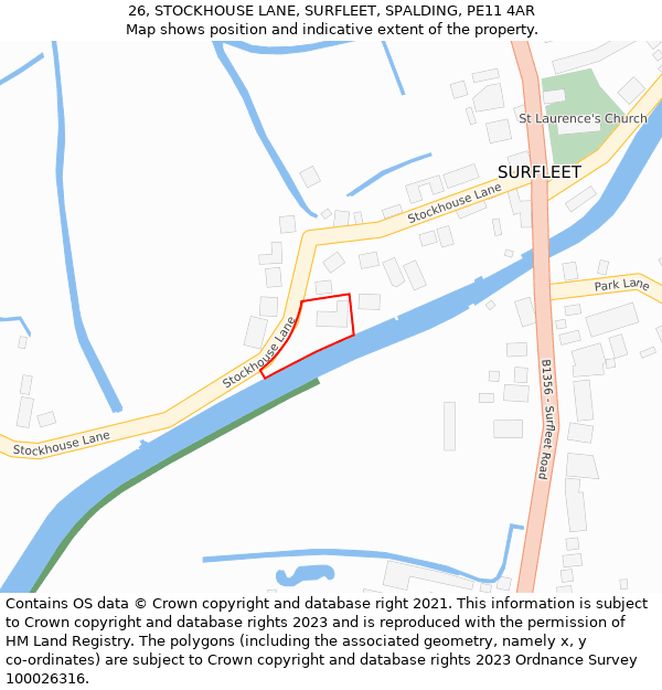 26, STOCKHOUSE LANE, SURFLEET, SPALDING, PE11 4AR: Location map and indicative extent of plot