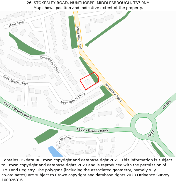 26, STOKESLEY ROAD, NUNTHORPE, MIDDLESBROUGH, TS7 0NA: Location map and indicative extent of plot