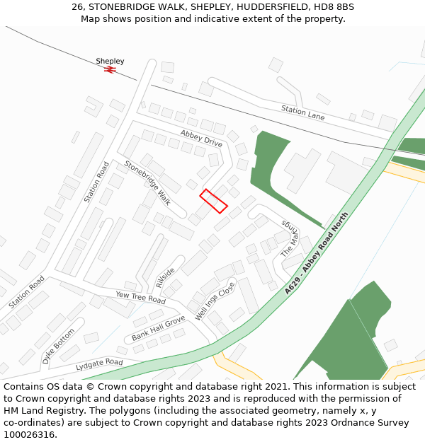 26, STONEBRIDGE WALK, SHEPLEY, HUDDERSFIELD, HD8 8BS: Location map and indicative extent of plot