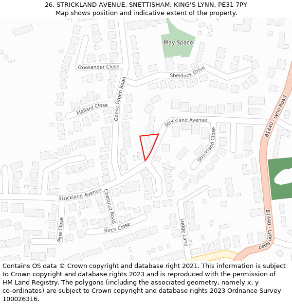 26, STRICKLAND AVENUE, SNETTISHAM, KING'S LYNN, PE31 7PY: Location map and indicative extent of plot