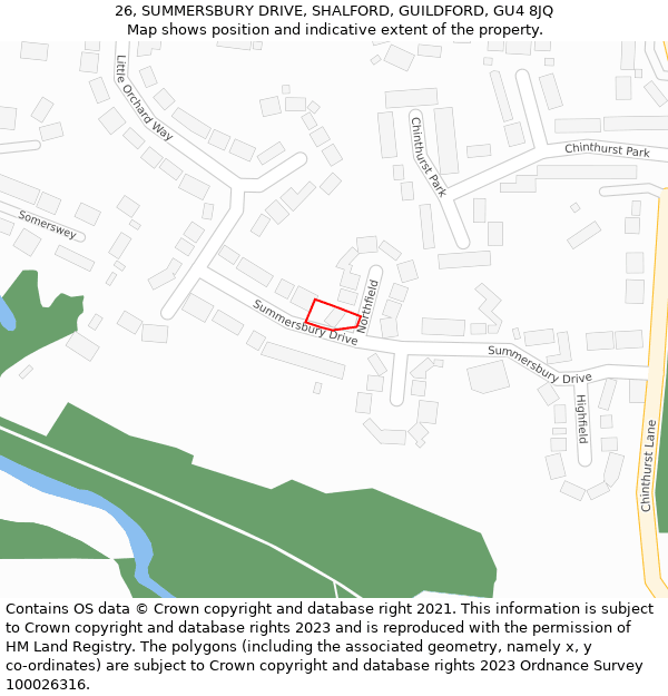 26, SUMMERSBURY DRIVE, SHALFORD, GUILDFORD, GU4 8JQ: Location map and indicative extent of plot