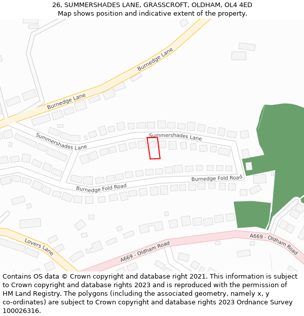 26, SUMMERSHADES LANE, GRASSCROFT, OLDHAM, OL4 4ED: Location map and indicative extent of plot