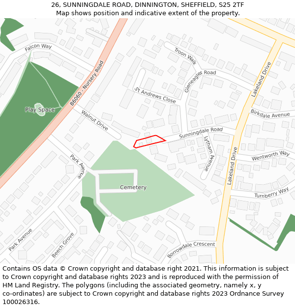 26, SUNNINGDALE ROAD, DINNINGTON, SHEFFIELD, S25 2TF: Location map and indicative extent of plot