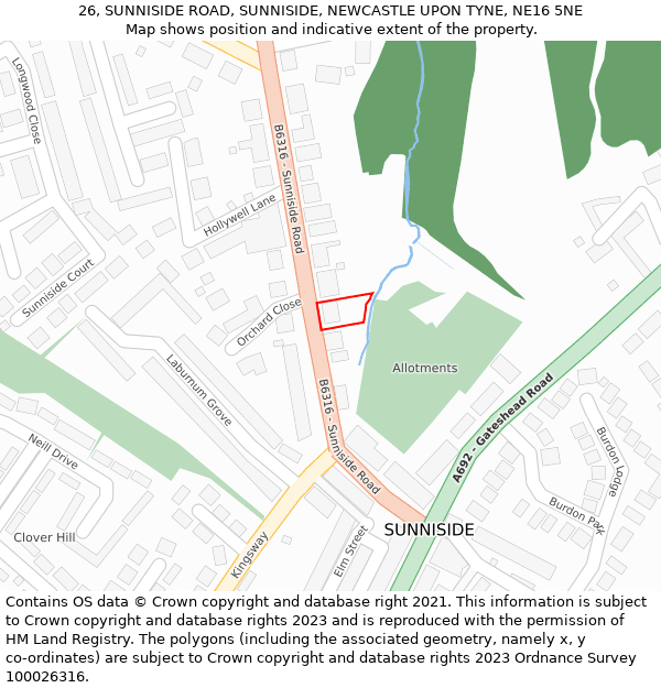 26, SUNNISIDE ROAD, SUNNISIDE, NEWCASTLE UPON TYNE, NE16 5NE: Location map and indicative extent of plot