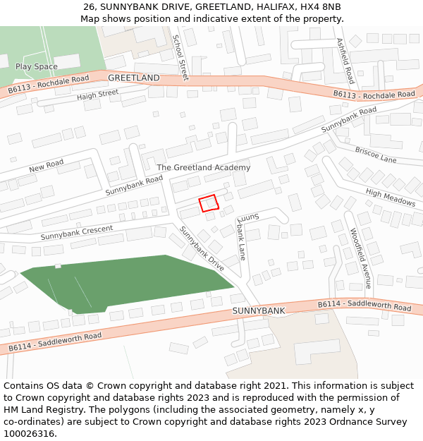 26, SUNNYBANK DRIVE, GREETLAND, HALIFAX, HX4 8NB: Location map and indicative extent of plot