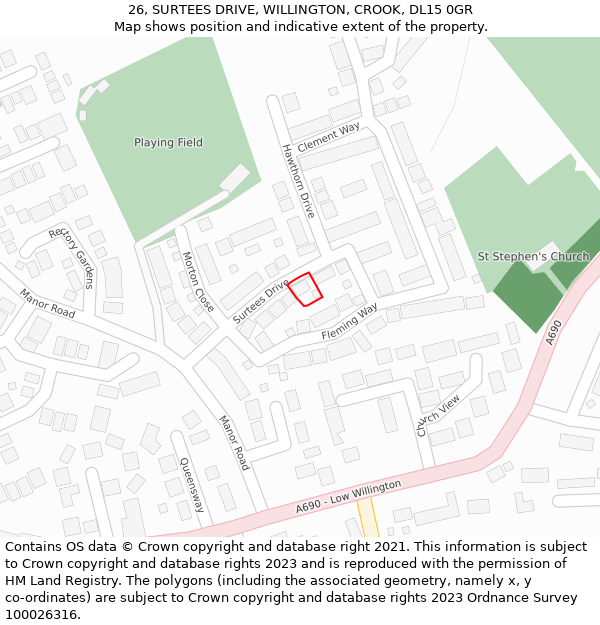 26, SURTEES DRIVE, WILLINGTON, CROOK, DL15 0GR: Location map and indicative extent of plot