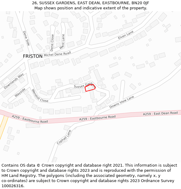 26, SUSSEX GARDENS, EAST DEAN, EASTBOURNE, BN20 0JF: Location map and indicative extent of plot