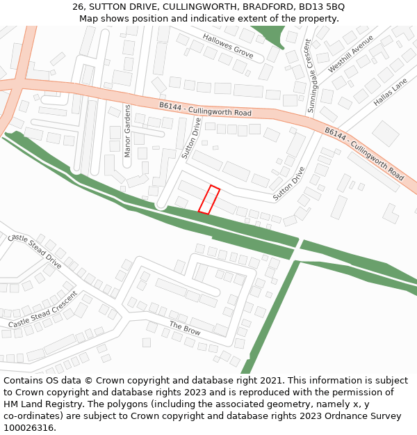 26, SUTTON DRIVE, CULLINGWORTH, BRADFORD, BD13 5BQ: Location map and indicative extent of plot