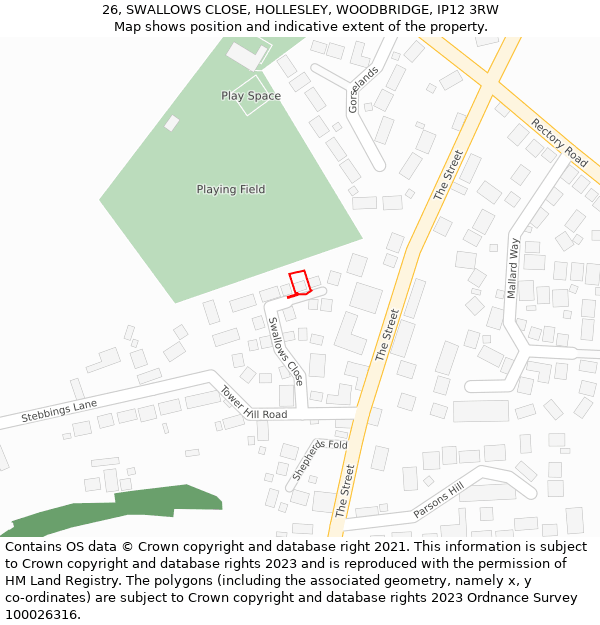 26, SWALLOWS CLOSE, HOLLESLEY, WOODBRIDGE, IP12 3RW: Location map and indicative extent of plot