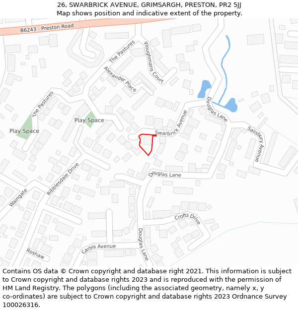 26, SWARBRICK AVENUE, GRIMSARGH, PRESTON, PR2 5JJ: Location map and indicative extent of plot