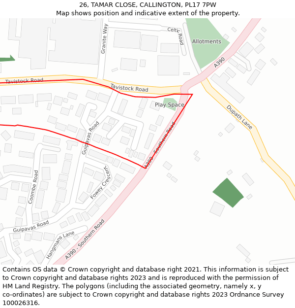 26, TAMAR CLOSE, CALLINGTON, PL17 7PW: Location map and indicative extent of plot