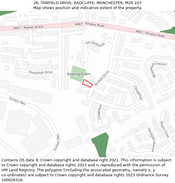 26, TANFIELD DRIVE, RADCLIFFE, MANCHESTER, M26 1GY: Location map and indicative extent of plot