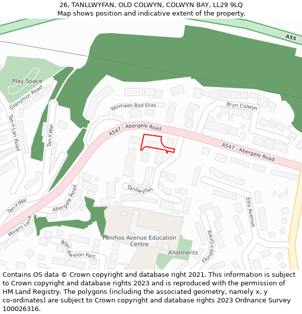 26, TANLLWYFAN, OLD COLWYN, COLWYN BAY, LL29 9LQ: Location map and indicative extent of plot