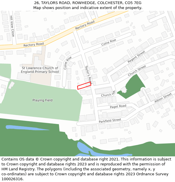 26, TAYLORS ROAD, ROWHEDGE, COLCHESTER, CO5 7EG: Location map and indicative extent of plot