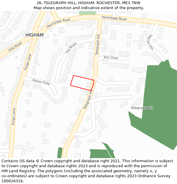 26, TELEGRAPH HILL, HIGHAM, ROCHESTER, ME3 7NW: Location map and indicative extent of plot