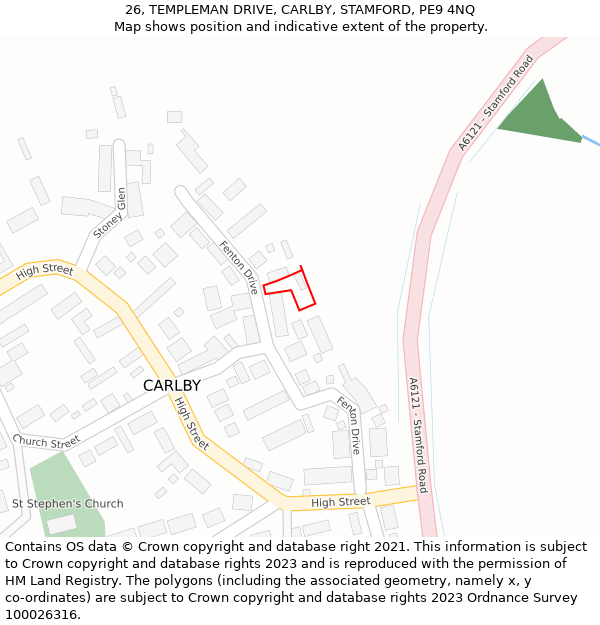 26, TEMPLEMAN DRIVE, CARLBY, STAMFORD, PE9 4NQ: Location map and indicative extent of plot
