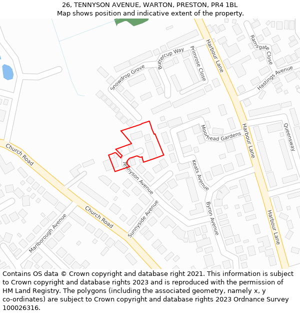 26, TENNYSON AVENUE, WARTON, PRESTON, PR4 1BL: Location map and indicative extent of plot