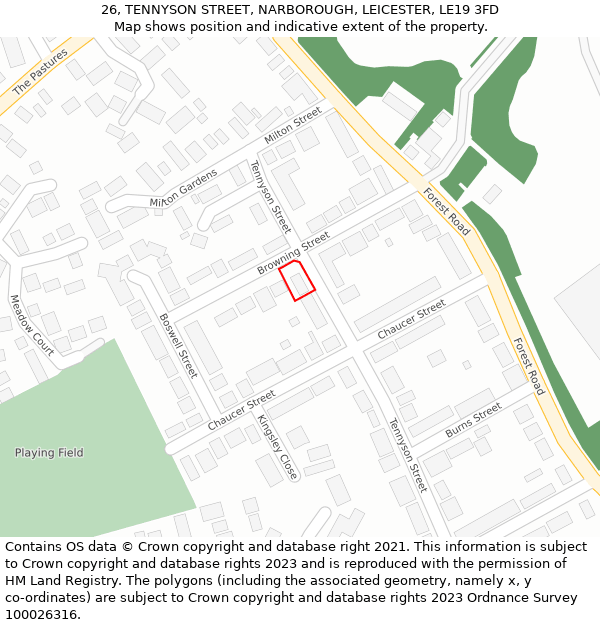 26, TENNYSON STREET, NARBOROUGH, LEICESTER, LE19 3FD: Location map and indicative extent of plot
