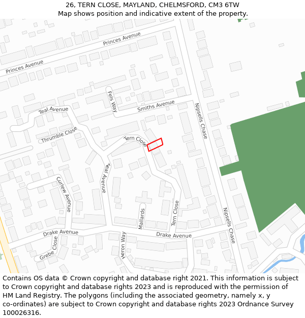 26, TERN CLOSE, MAYLAND, CHELMSFORD, CM3 6TW: Location map and indicative extent of plot