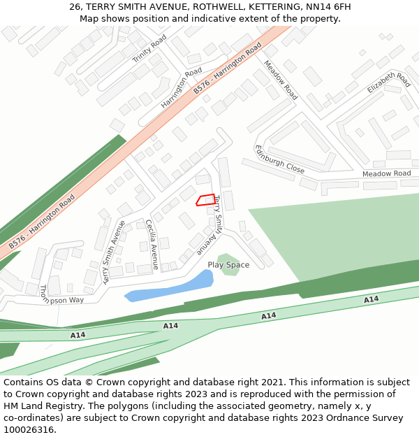 26, TERRY SMITH AVENUE, ROTHWELL, KETTERING, NN14 6FH: Location map and indicative extent of plot