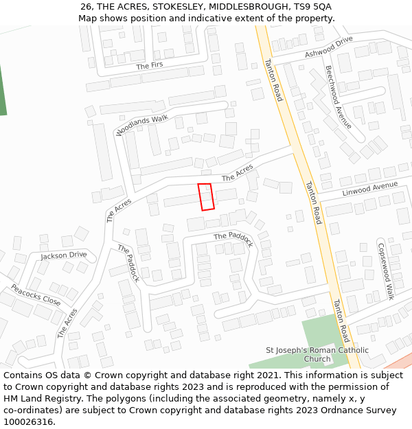 26, THE ACRES, STOKESLEY, MIDDLESBROUGH, TS9 5QA: Location map and indicative extent of plot