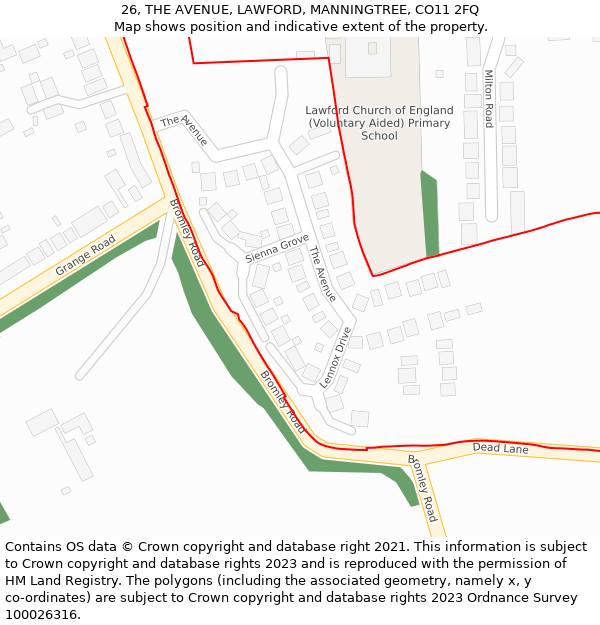 26, THE AVENUE, LAWFORD, MANNINGTREE, CO11 2FQ: Location map and indicative extent of plot