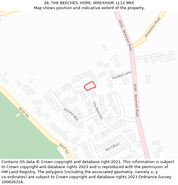 26, THE BEECHES, HOPE, WREXHAM, LL12 9NX: Location map and indicative extent of plot