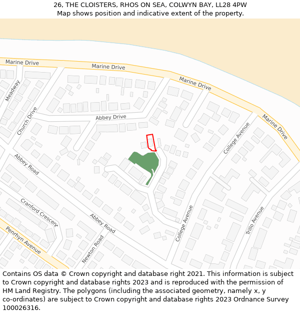 26, THE CLOISTERS, RHOS ON SEA, COLWYN BAY, LL28 4PW: Location map and indicative extent of plot