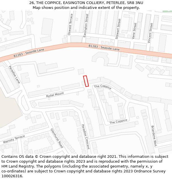 26, THE COPPICE, EASINGTON COLLIERY, PETERLEE, SR8 3NU: Location map and indicative extent of plot