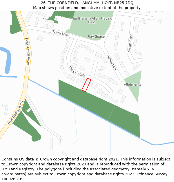 26, THE CORNFIELD, LANGHAM, HOLT, NR25 7DQ: Location map and indicative extent of plot