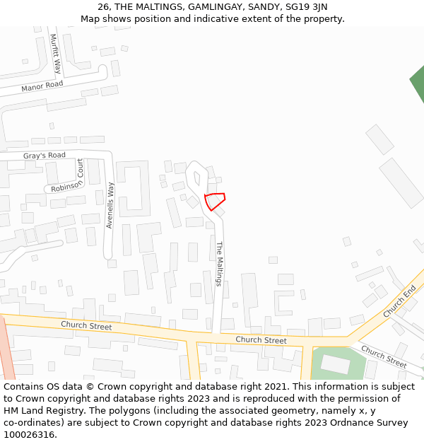 26, THE MALTINGS, GAMLINGAY, SANDY, SG19 3JN: Location map and indicative extent of plot