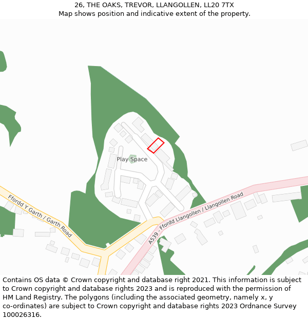 26, THE OAKS, TREVOR, LLANGOLLEN, LL20 7TX: Location map and indicative extent of plot