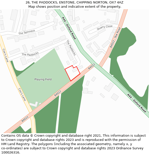 26, THE PADDOCKS, ENSTONE, CHIPPING NORTON, OX7 4AZ: Location map and indicative extent of plot