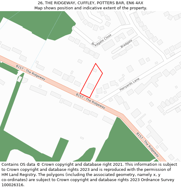 26, THE RIDGEWAY, CUFFLEY, POTTERS BAR, EN6 4AX: Location map and indicative extent of plot