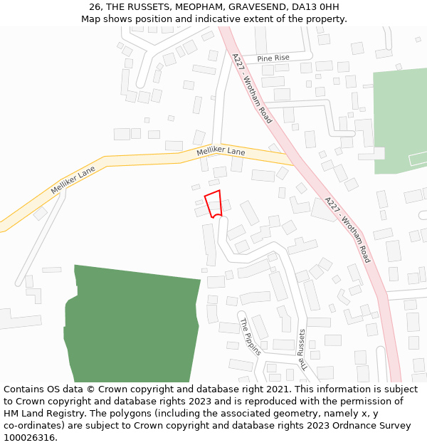 26, THE RUSSETS, MEOPHAM, GRAVESEND, DA13 0HH: Location map and indicative extent of plot