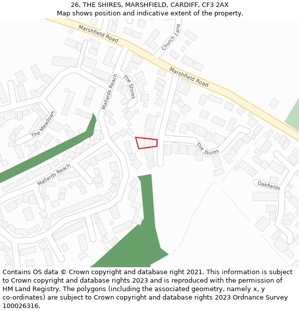 26, THE SHIRES, MARSHFIELD, CARDIFF, CF3 2AX: Location map and indicative extent of plot