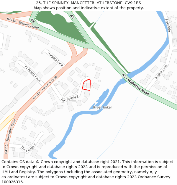 26, THE SPINNEY, MANCETTER, ATHERSTONE, CV9 1RS: Location map and indicative extent of plot