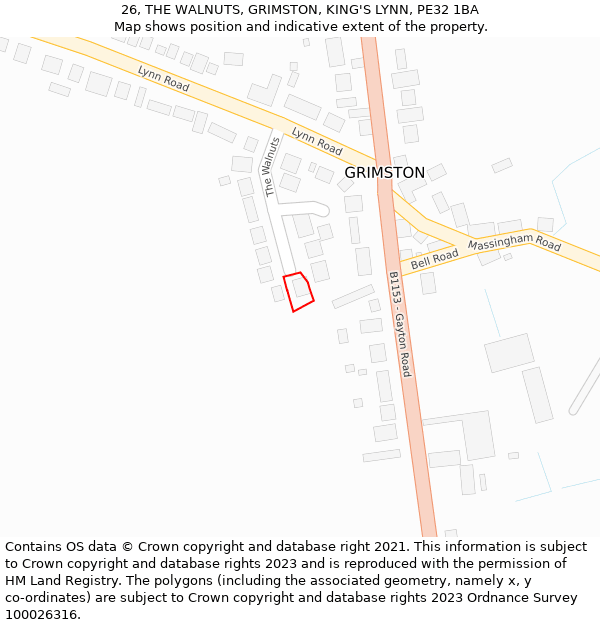 26, THE WALNUTS, GRIMSTON, KING'S LYNN, PE32 1BA: Location map and indicative extent of plot