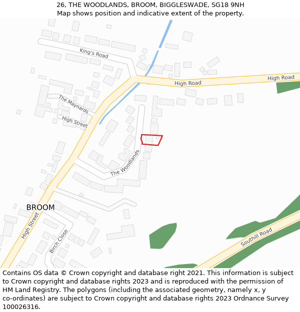 26, THE WOODLANDS, BROOM, BIGGLESWADE, SG18 9NH: Location map and indicative extent of plot