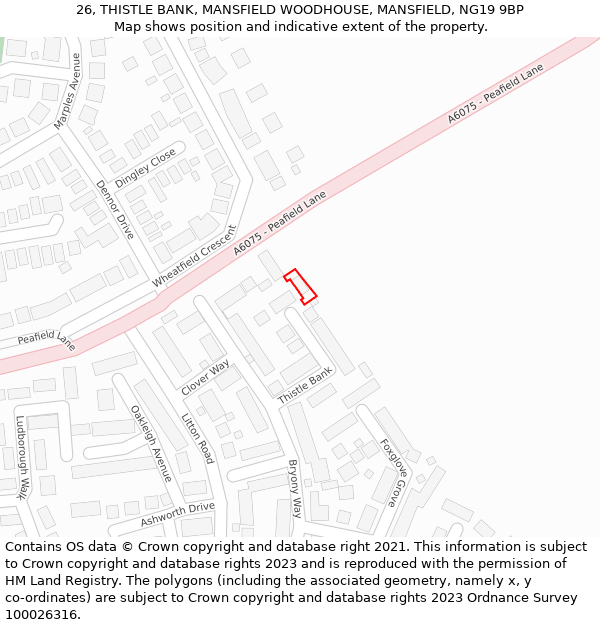 26, THISTLE BANK, MANSFIELD WOODHOUSE, MANSFIELD, NG19 9BP: Location map and indicative extent of plot