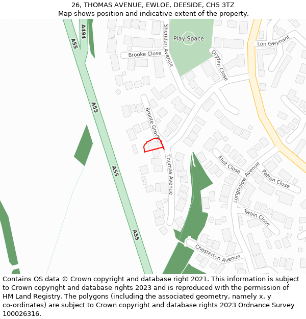 26, THOMAS AVENUE, EWLOE, DEESIDE, CH5 3TZ: Location map and indicative extent of plot