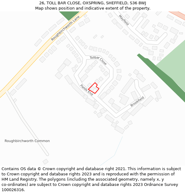 26, TOLL BAR CLOSE, OXSPRING, SHEFFIELD, S36 8WJ: Location map and indicative extent of plot