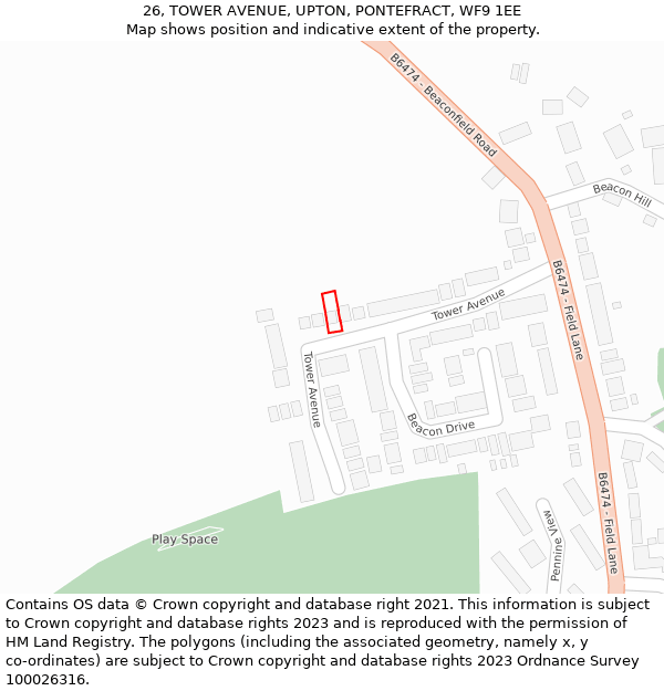 26, TOWER AVENUE, UPTON, PONTEFRACT, WF9 1EE: Location map and indicative extent of plot