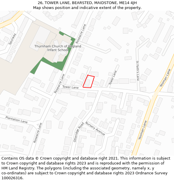 26, TOWER LANE, BEARSTED, MAIDSTONE, ME14 4JH: Location map and indicative extent of plot